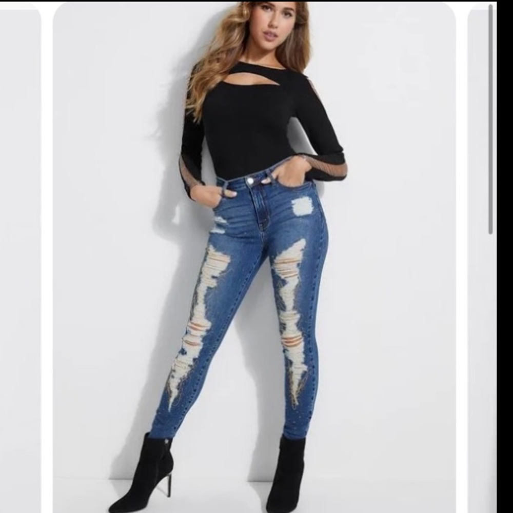 GUESS ORIGiNAL Women's Ripped Skinny Mid Rise Jeans 25